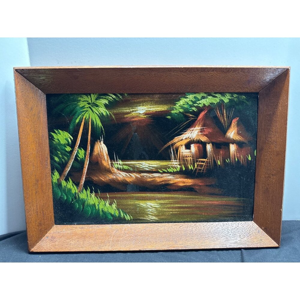 Rustic MCM Tropical Island Landscape Oil Painting With Black Velvet Wooden Frame